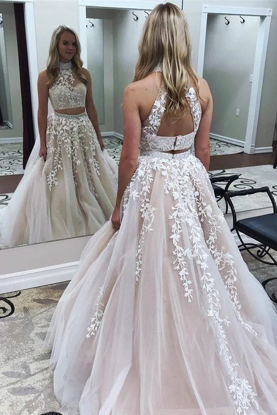 Robe de bal longue modeste pour adolescents, robe formelle en deux pièces en dentelle et en tulle pour étudiant de première année