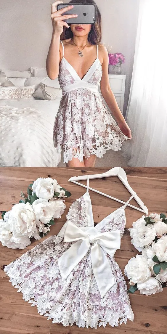 Robe de soirée courte en dentelle | Robe semi-formelle blanche | Robe de remise des diplômes