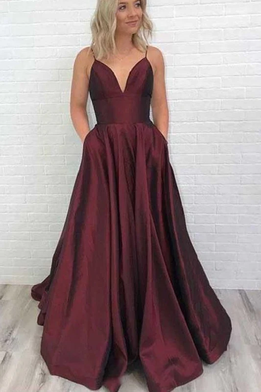 Robe de bal de fin d'études dos nu bordeaux avec poches
