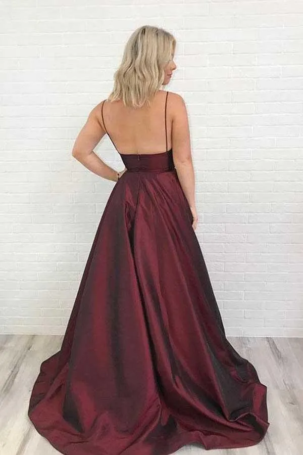 Robe de bal de fin d'études dos nu bordeaux avec poches