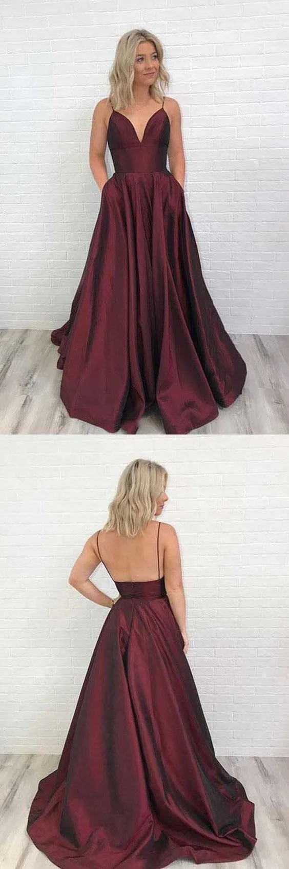 Robe de bal de fin d'études dos nu bordeaux avec poches