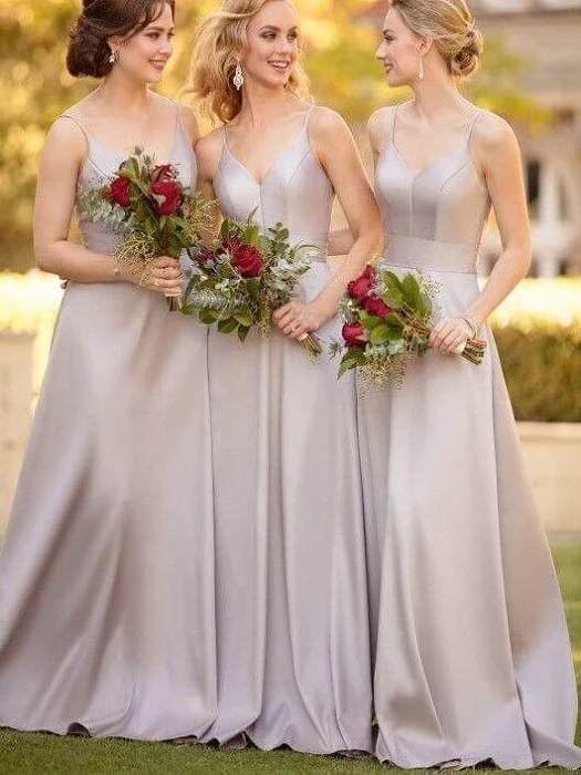 Robes de demoiselle d'honneur en satin gris argenté à col en V