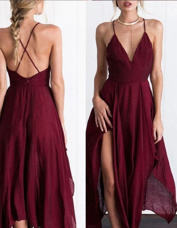 Charmante robe de bal fluide en mousseline de soie bordeaux | Robe formelle de 8e année