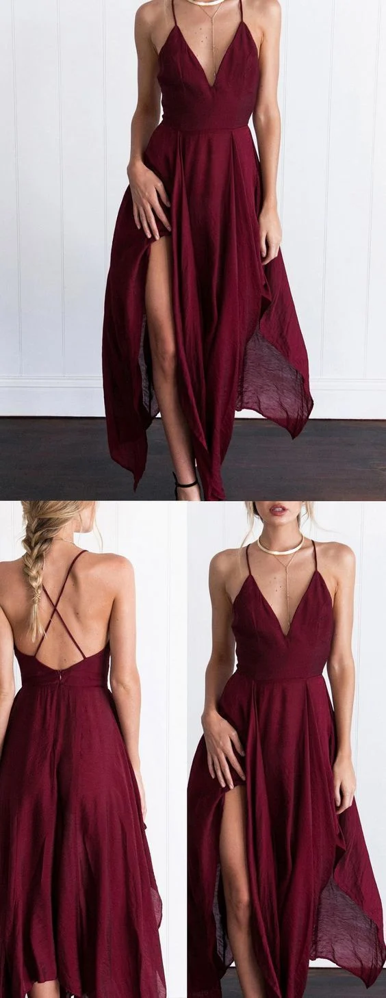 Charmante robe de bal fluide en mousseline de soie bordeaux | Robe formelle de 8e année