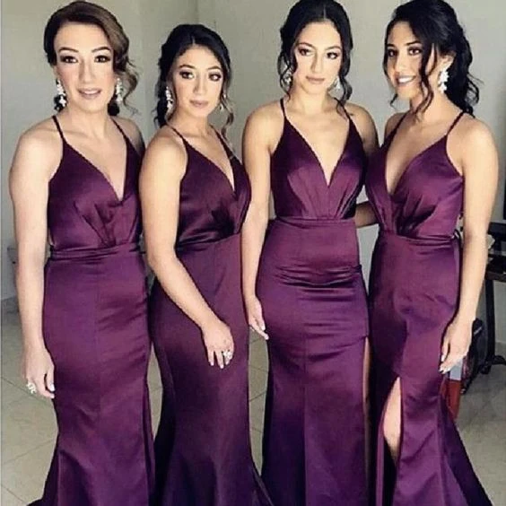Robes de demoiselle d'honneur d'automne longues ajustées sirène en satin violet