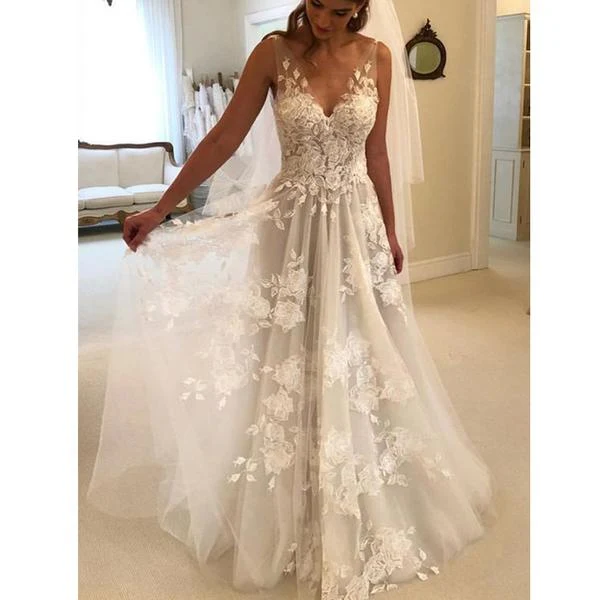 Robe de mariée trapèze florale en dentelle à col en V et romantique populaire