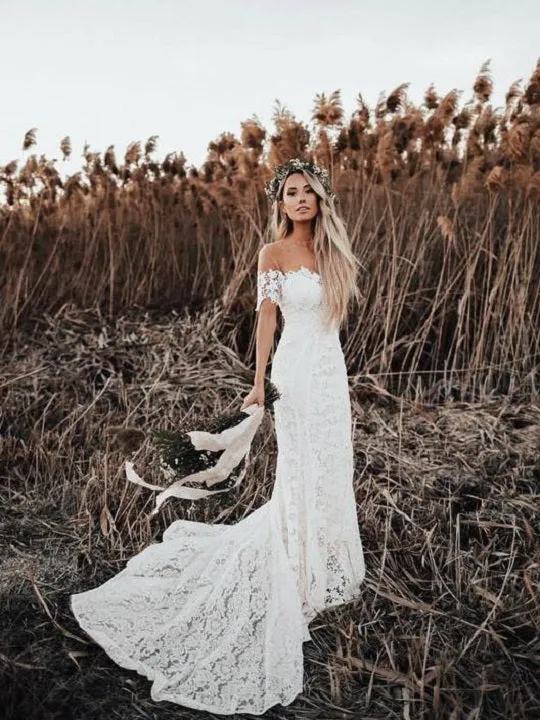Superbe pays dentelle sirène hors de l'épaule robe de mariée mariage rustique