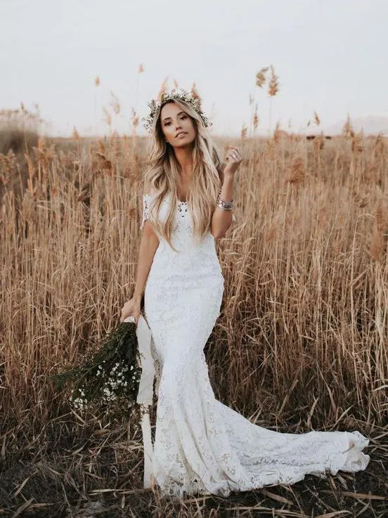 Superbe pays dentelle sirène hors de l'épaule robe de mariée mariage rustique