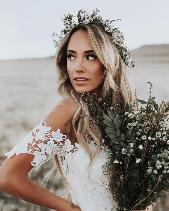 Superbe pays dentelle sirène hors de l'épaule robe de mariée mariage rustique