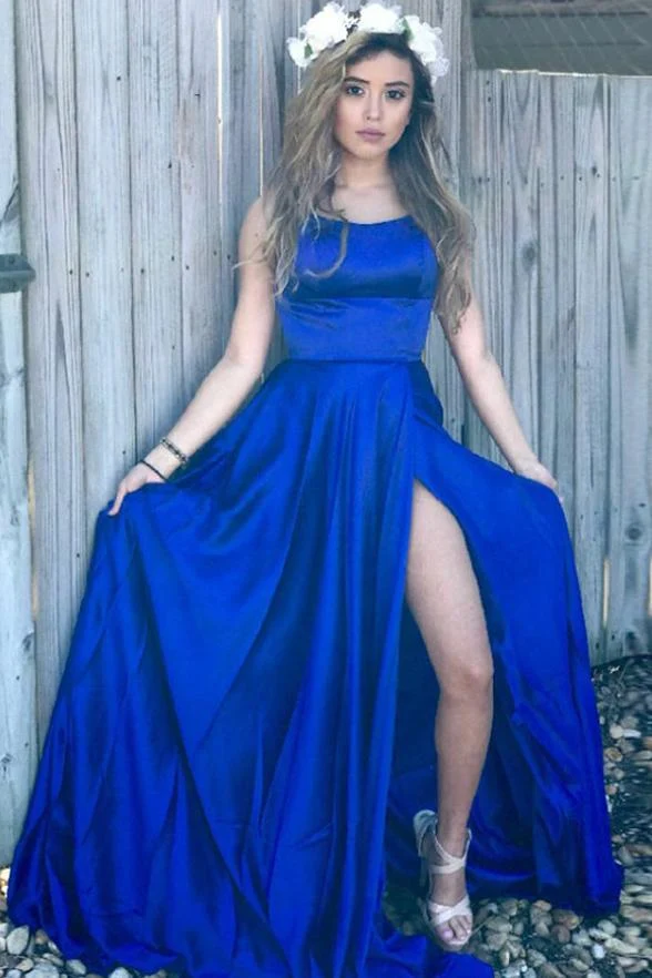 Robe de bal longue bleu royal à dos bas, simple et élégante