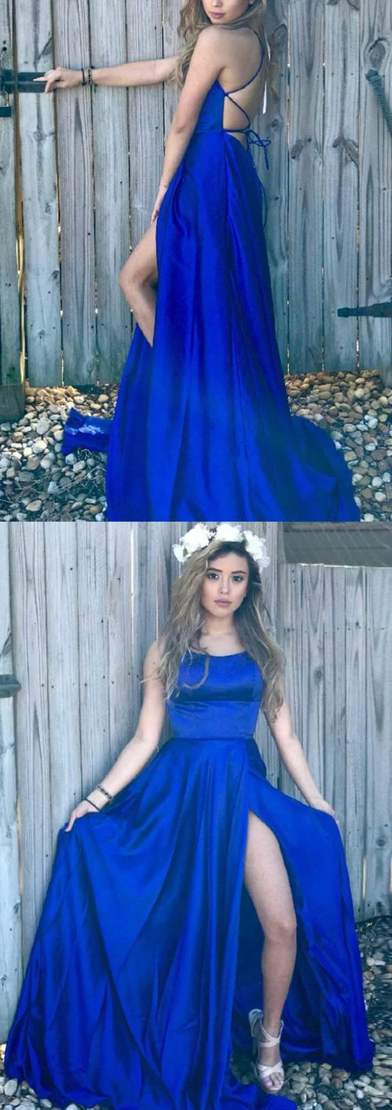 Robe de bal longue bleu royal à dos bas, simple et élégante