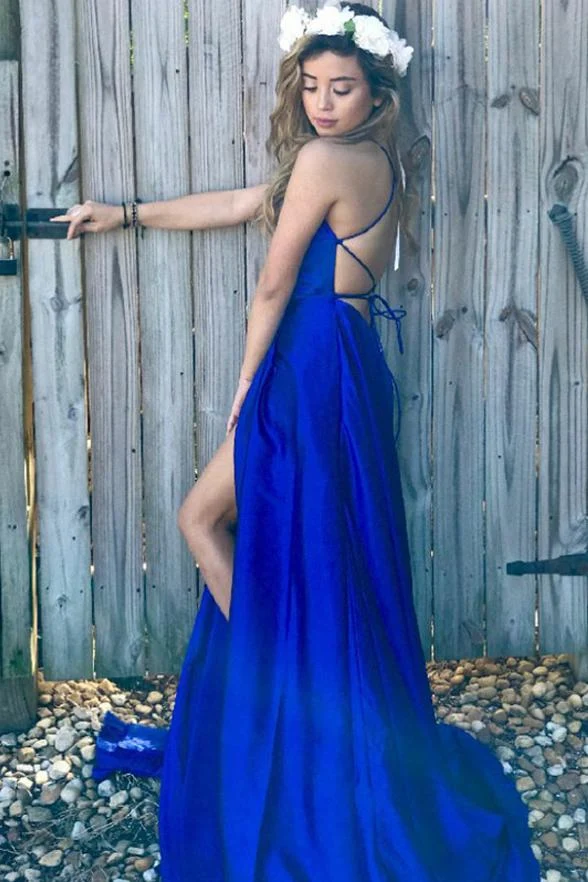 Robe de bal longue bleu royal à dos bas, simple et élégante