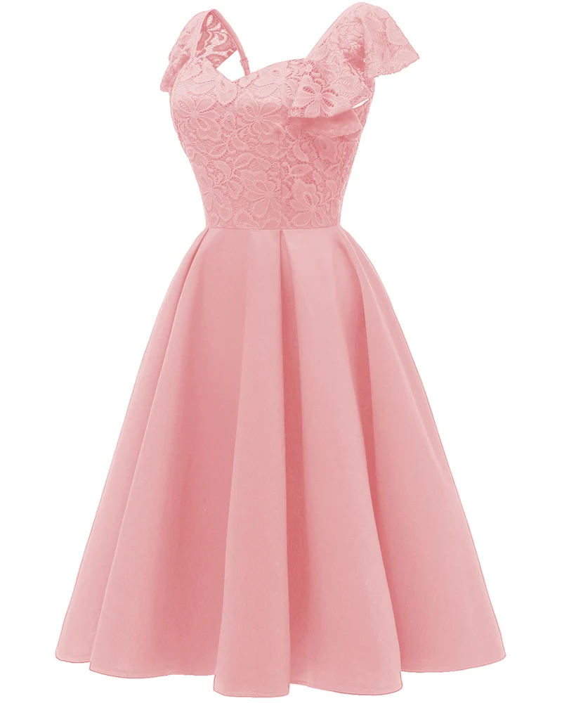Robe de bal rose courte vintage pour adolescents avec bretelles à volants Robe de soirée rose 1626P