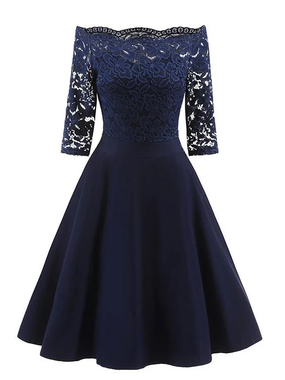 Robes de demoiselle d'honneur courtes bleu marine, épaules dénudées, robe de soirée en dentelle avec manches