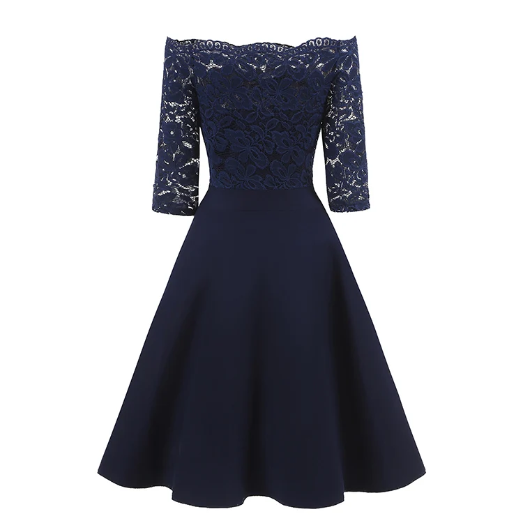 Robes de demoiselle d'honneur courtes bleu marine, épaules dénudées, robe de soirée en dentelle avec manches
