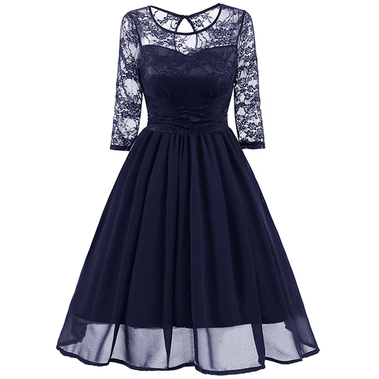 Robe de bal courte en dentelle bleu marine modeste chic avec manches | Robe de soirée bleue