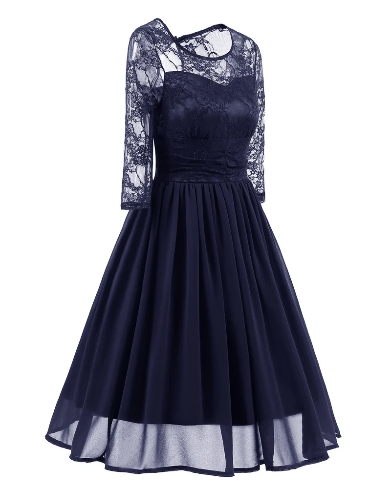 Robe de bal courte en dentelle bleu marine modeste chic avec manches | Robe de soirée bleue