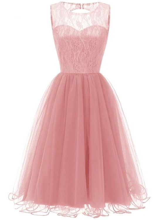 Robe de cocktail en tulle et dentelle bleu marine, rétro, rose, modeste, courte, robe de soirée