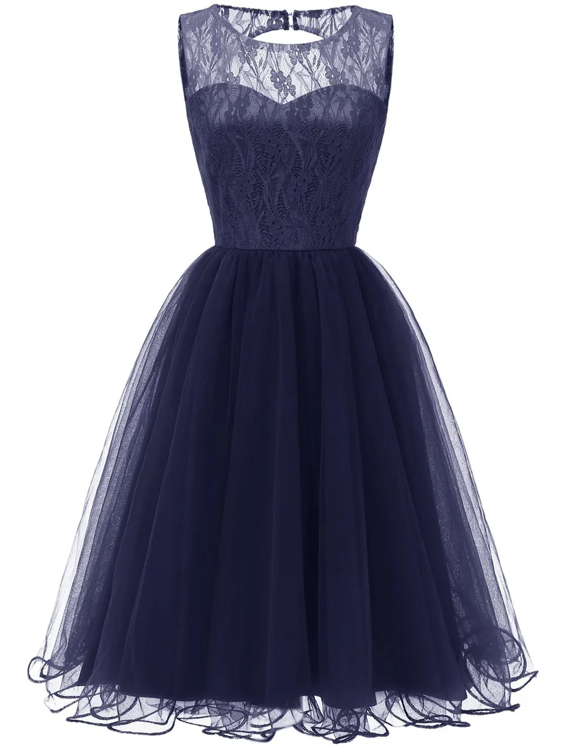 Robe de Cocktail en Tulle et dentelle bleu marine, rétro, modeste, courte, Vintage, robe de soirée