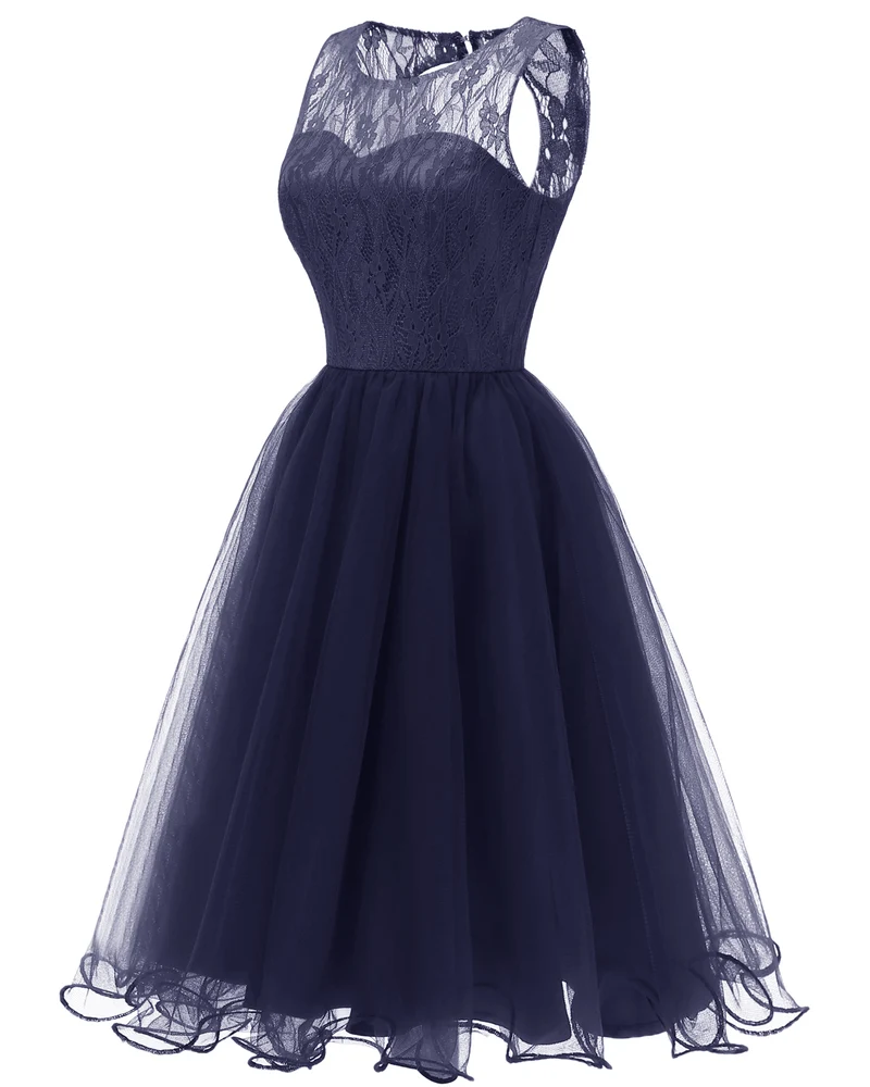 Robe de Cocktail en Tulle et dentelle bleu marine, rétro, modeste, courte, Vintage, robe de soirée