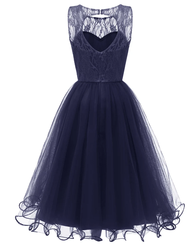 Robe de Cocktail en Tulle et dentelle bleu marine, rétro, modeste, courte, Vintage, robe de soirée