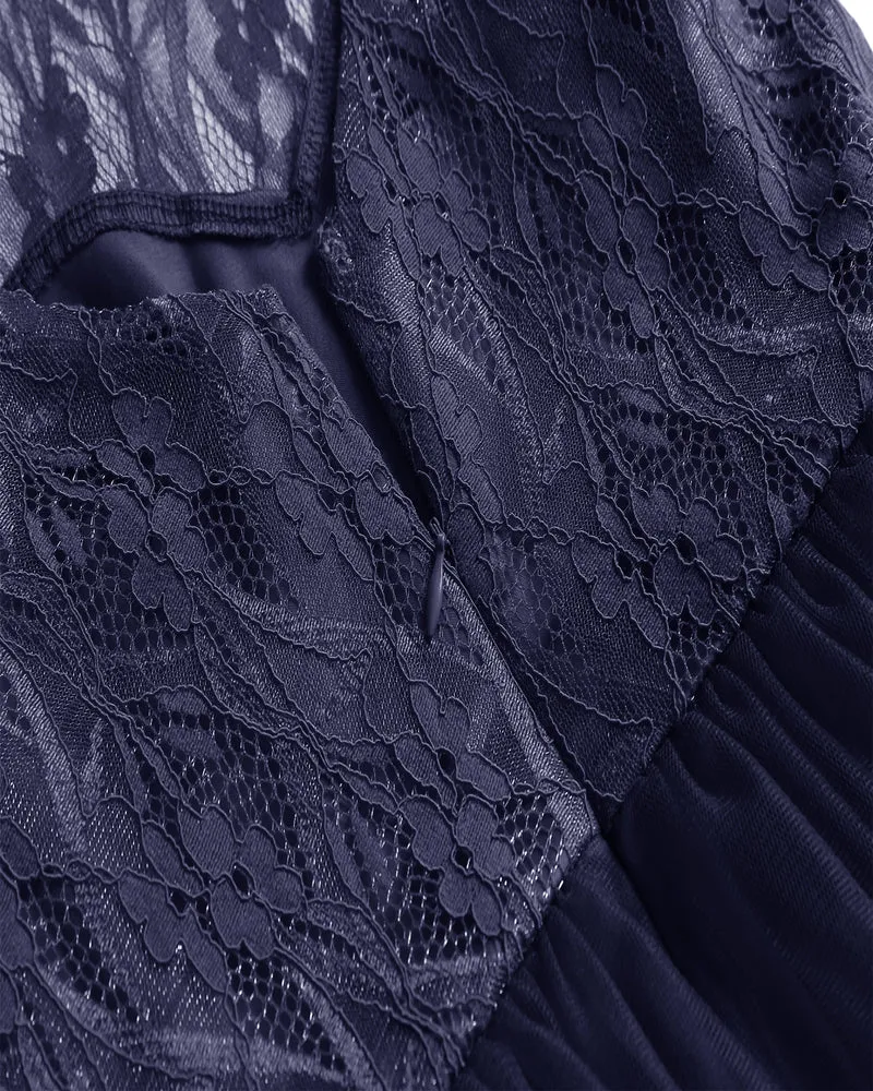 Robe de Cocktail en Tulle et dentelle bleu marine, rétro, modeste, courte, Vintage, robe de soirée