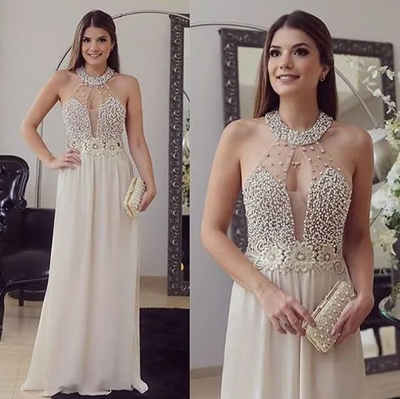 Robe de soirée beige sexy et scintillante, longue robe de soirée formelle