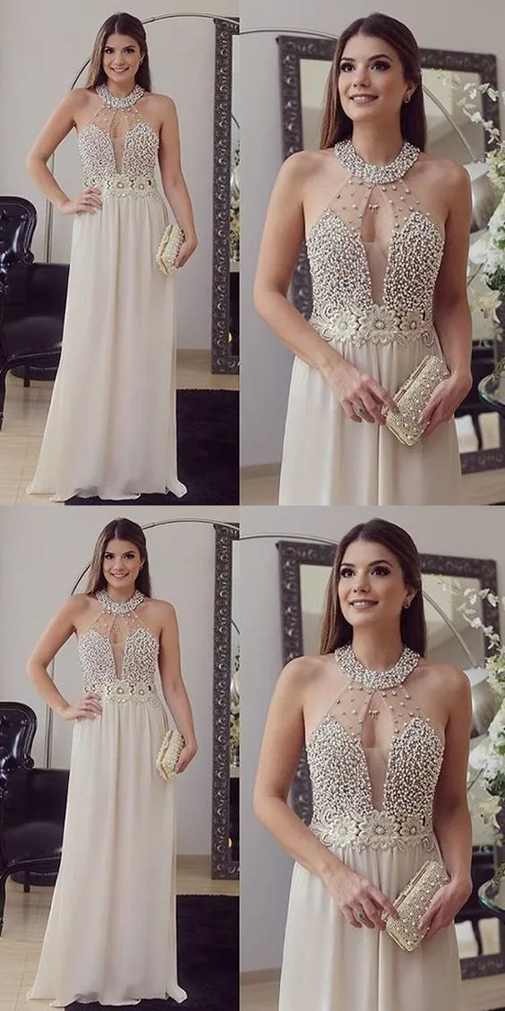 Robe de soirée beige sexy et scintillante, longue robe de soirée formelle