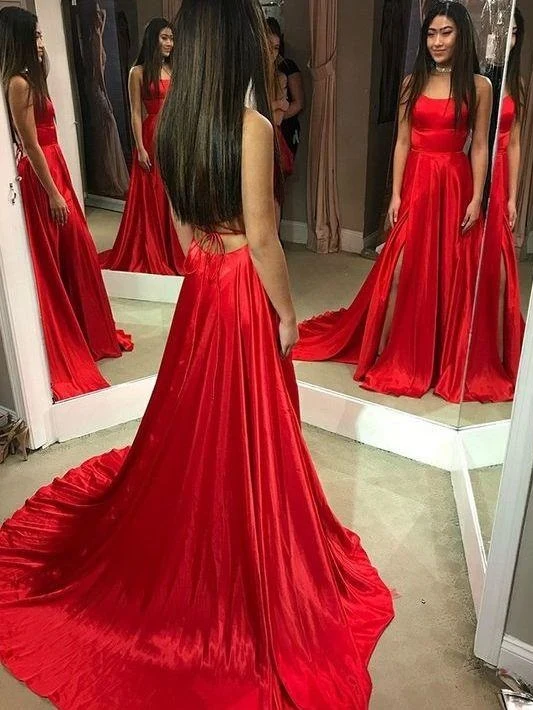 Robe de bal simple rouge longue robe formelle avec train chapelle | Robe rouge dos nu