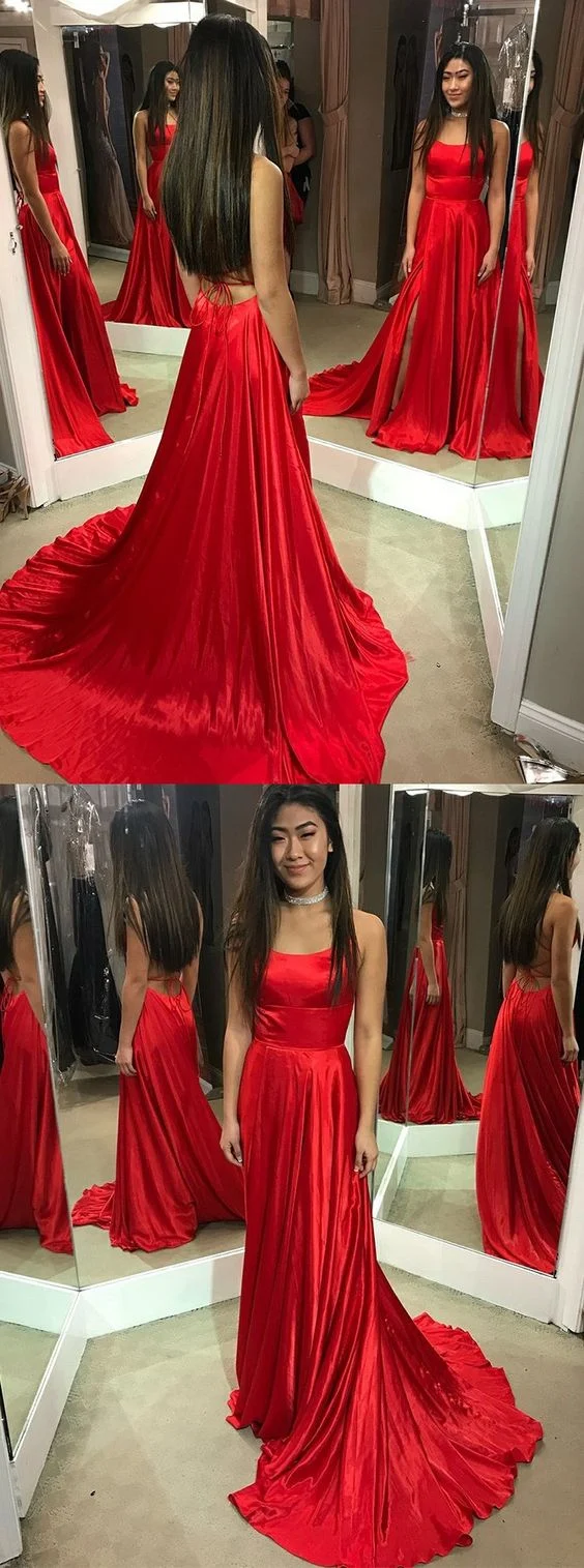 Robe de bal simple rouge longue robe formelle avec train chapelle | Robe rouge dos nu