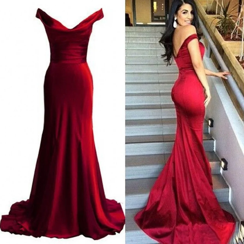 Robe de soirée sirène bordeaux longue et serrée à épaules dénudées