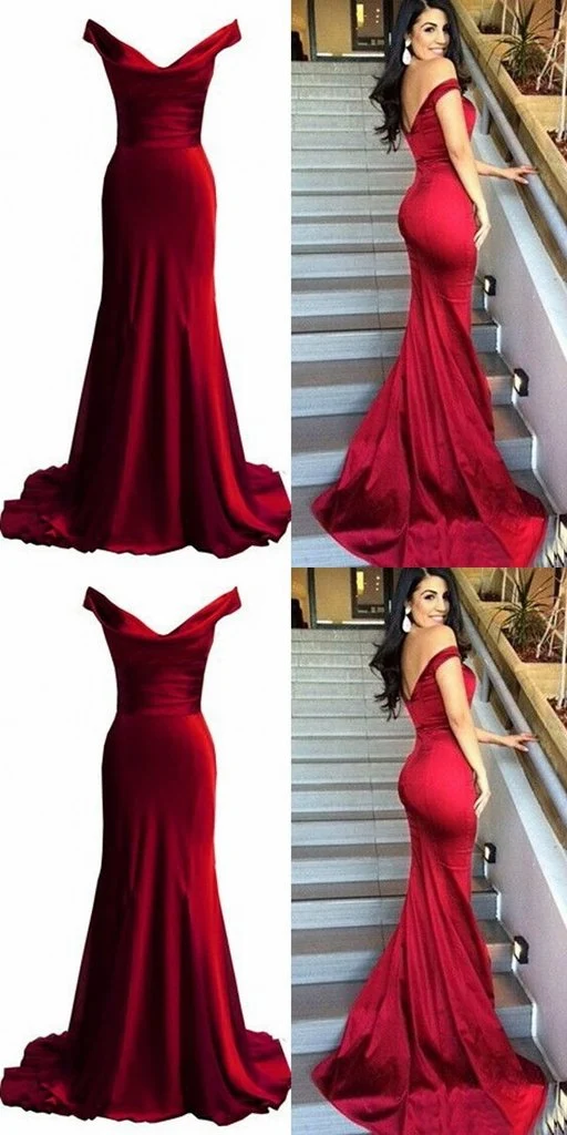 Robe de soirée sirène bordeaux longue et serrée à épaules dénudées