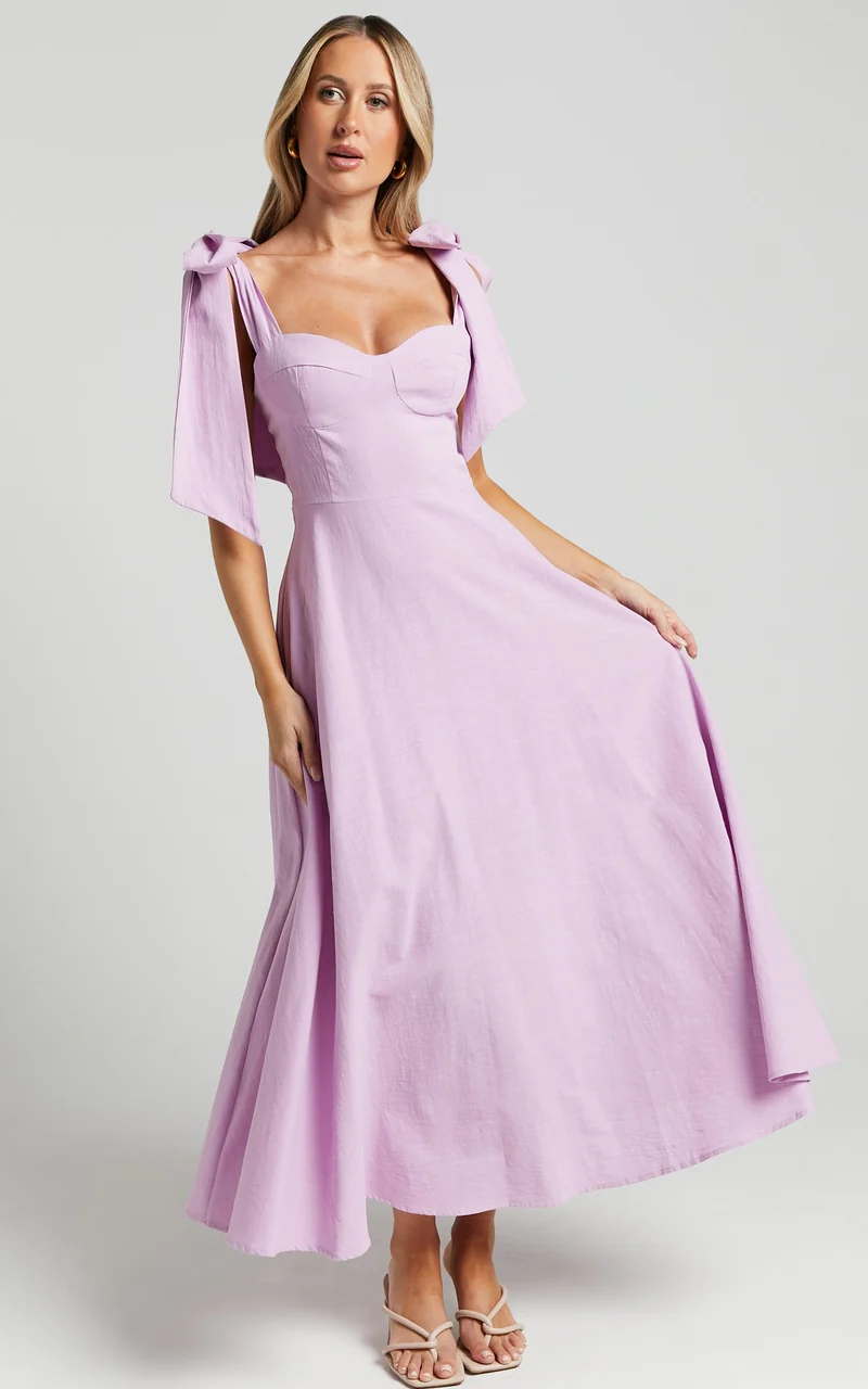 Tymia Midi Dress - Shoulder Tie Bustier Shirred Back A Line in Lavender