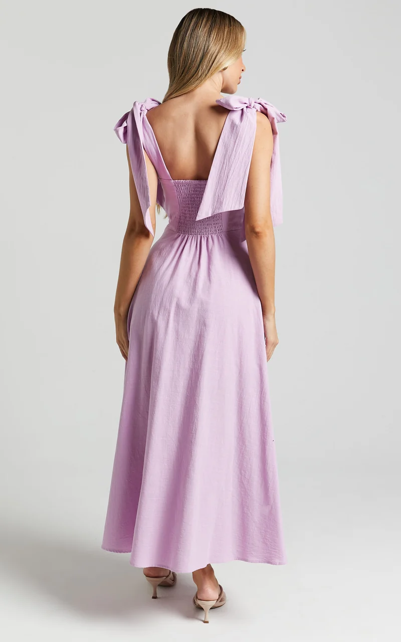 Tymia Midi Dress - Shoulder Tie Bustier Shirred Back A Line in Lavender
