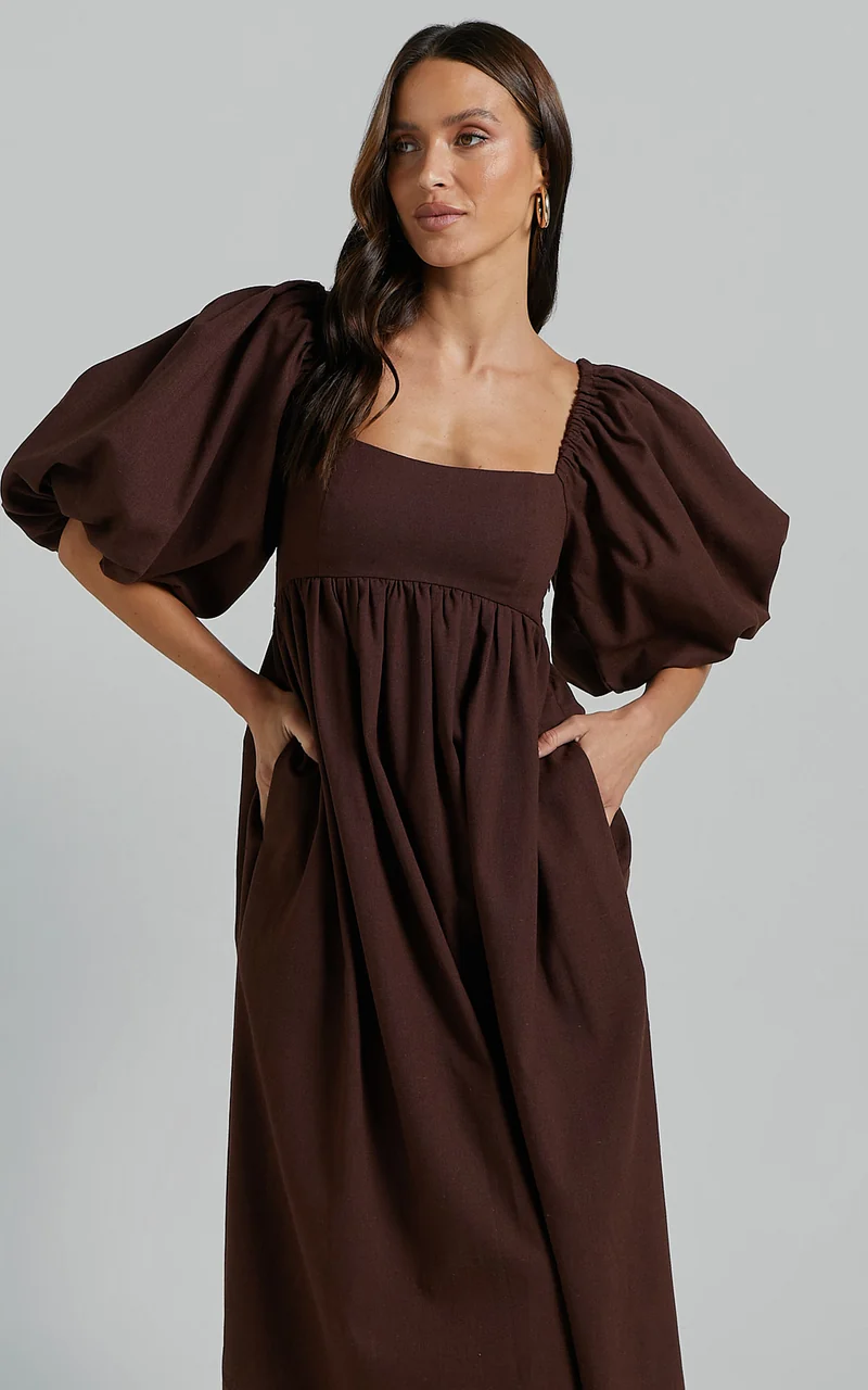 Cenia Midi Dress - Linen Straight Neck Shirred Back Puff Sleeve Dress in Dark Oak