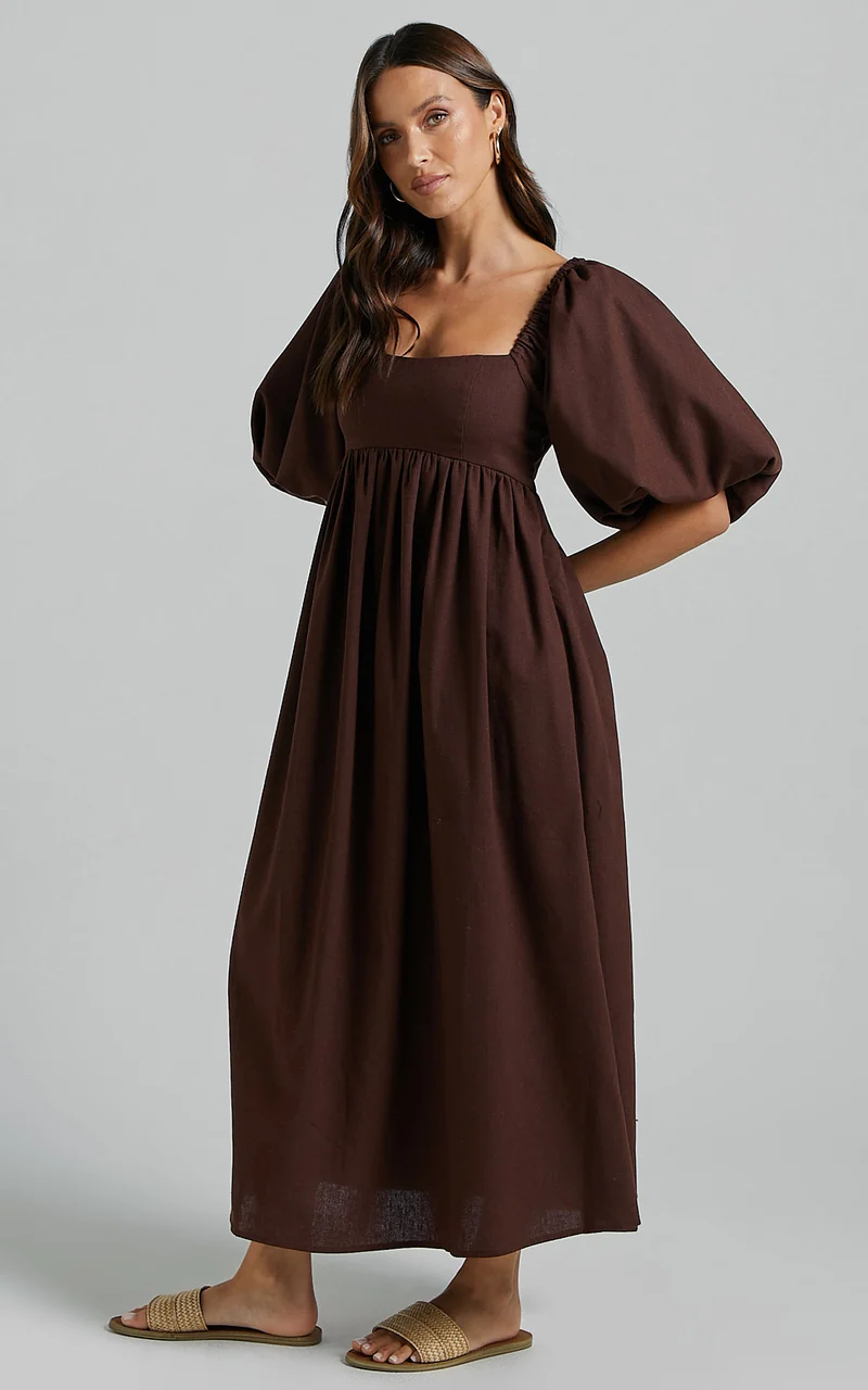 Cenia Midi Dress - Linen Straight Neck Shirred Back Puff Sleeve Dress in Dark Oak