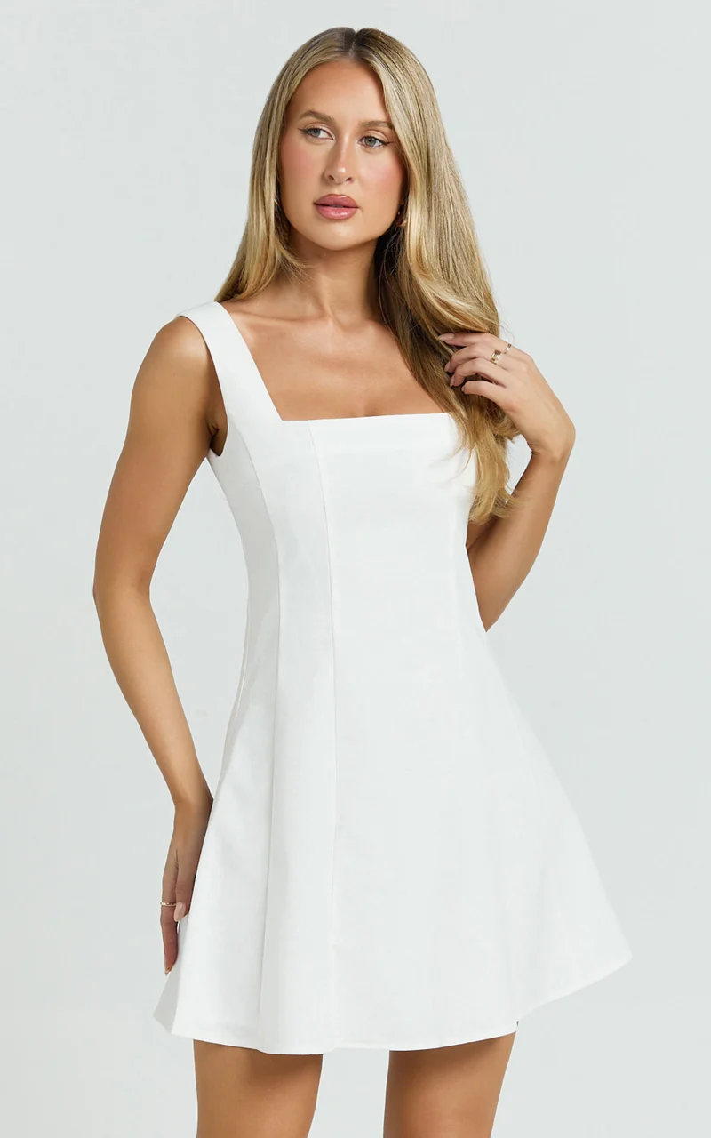 Adiana Mini Dress - Linen Square Neck Shirred Back A Line Dress in Off White