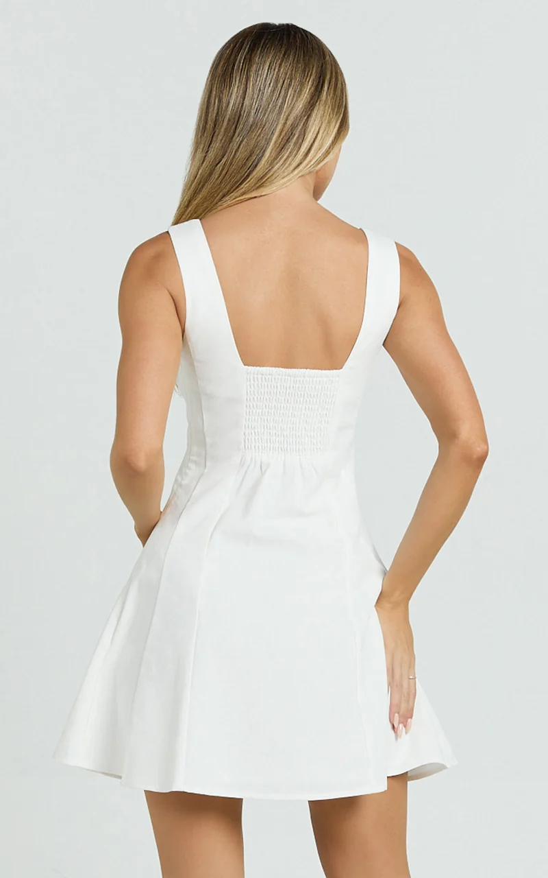 Adiana Mini Dress - Linen Square Neck Shirred Back A Line Dress in Off White