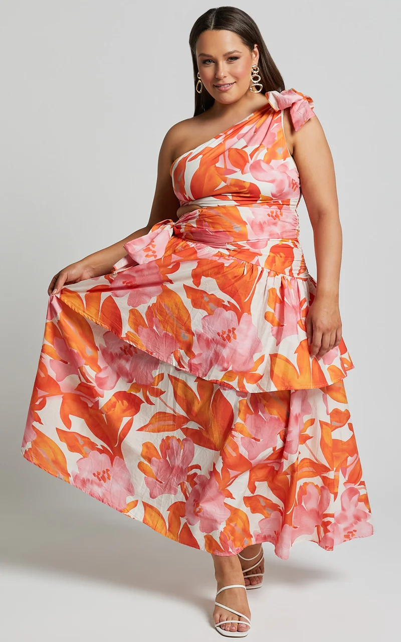 Honolulu Midi Dress - One Shoulder Tiered Dress in Orange Floral