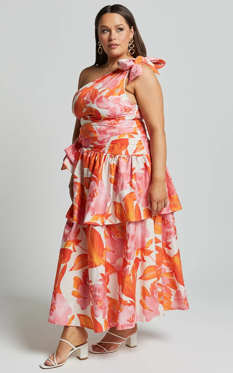 Honolulu Midi Dress - One Shoulder Tiered Dress in Orange Floral