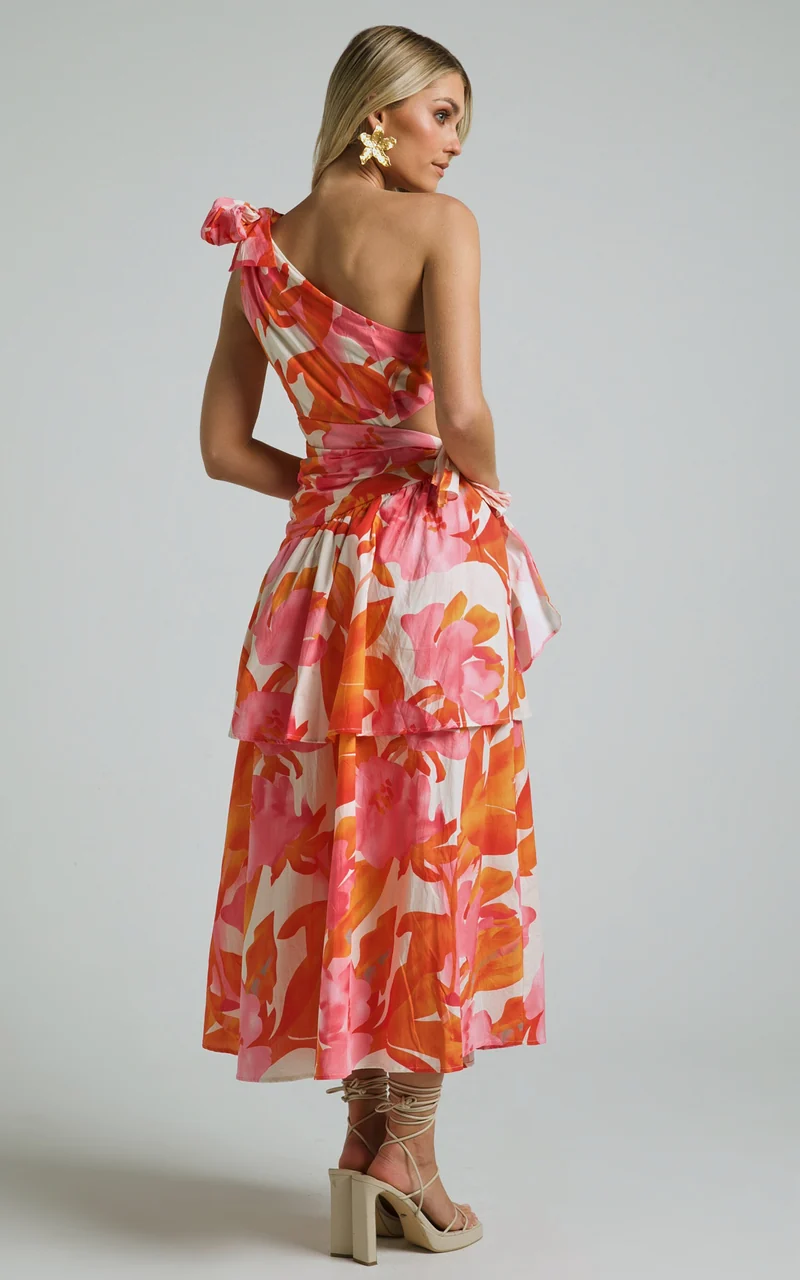 Honolulu Midi Dress - One Shoulder Tiered Dress in Orange Floral