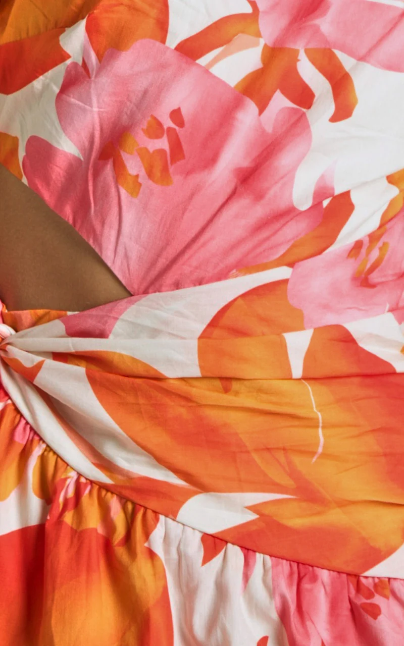 Honolulu Midi Dress - One Shoulder Tiered Dress in Orange Floral