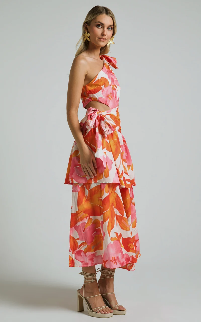 Honolulu Midi Dress - One Shoulder Tiered Dress in Orange Floral