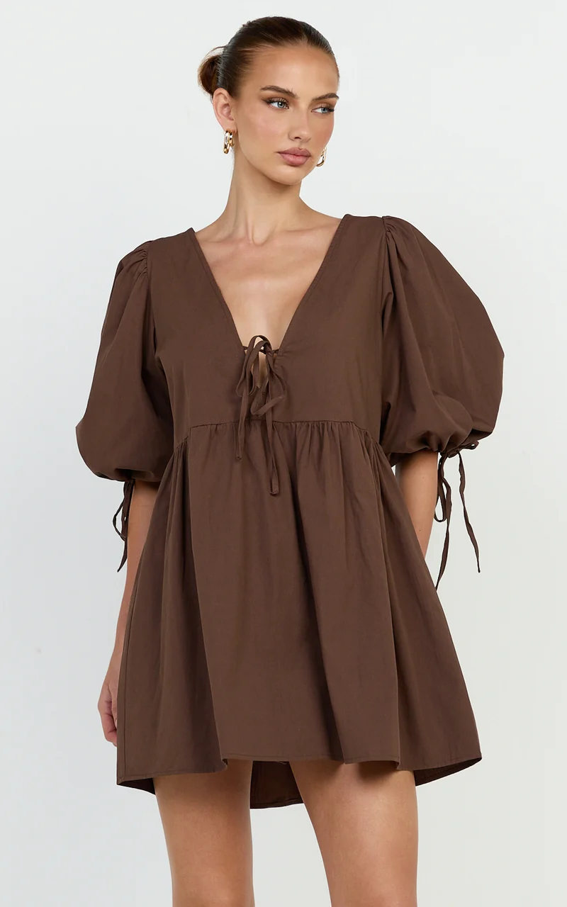 Rosita Mini Dress - Tie Front Puff Sleeve Dress in Chocolate