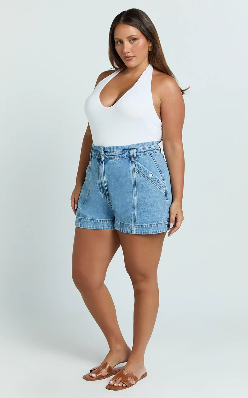 Kayla Shorts - High Waisted A Line Denim Shorts in Mid Blue Wash