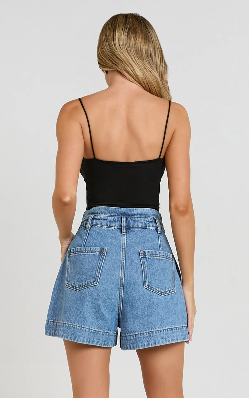 Kayla Shorts - High Waisted A Line Denim Shorts in Mid Blue Wash