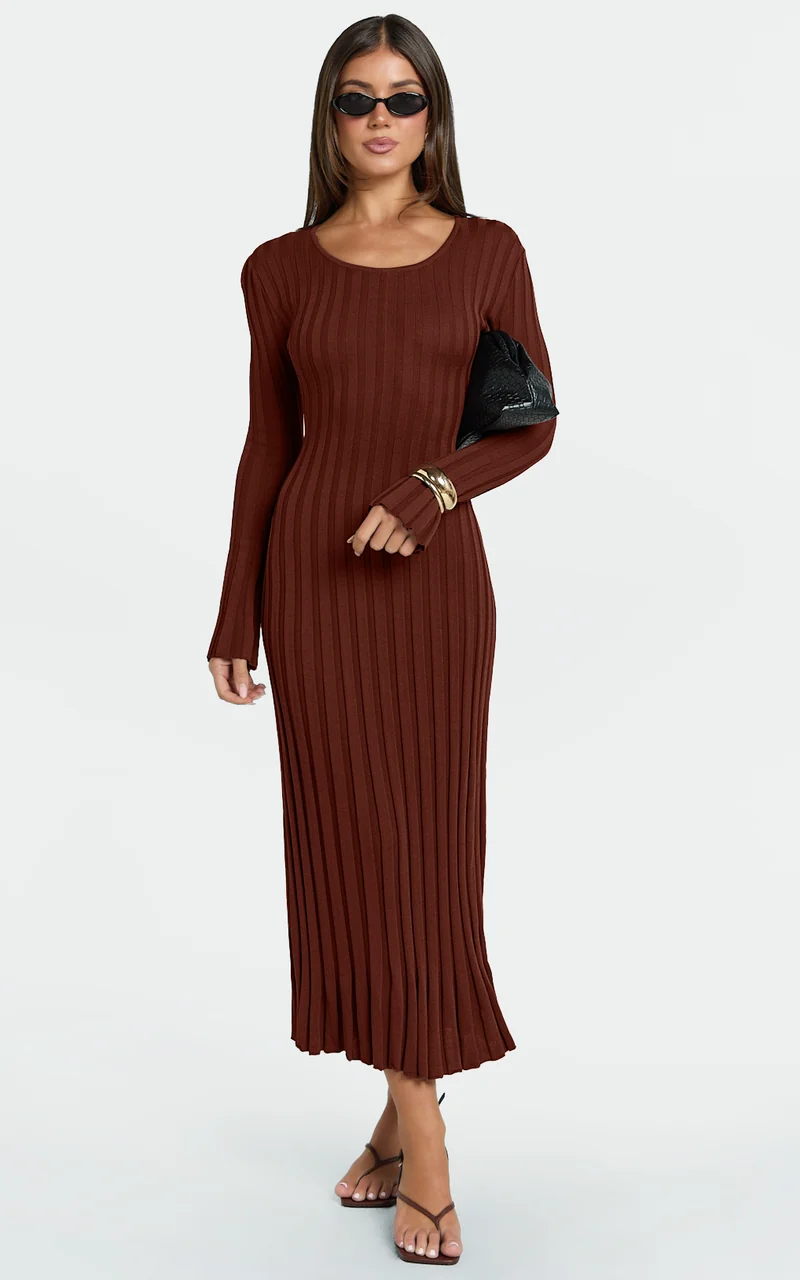 Blaire Midi Dress - Long Sleeve Tie Back Flare Dress in Chocolate