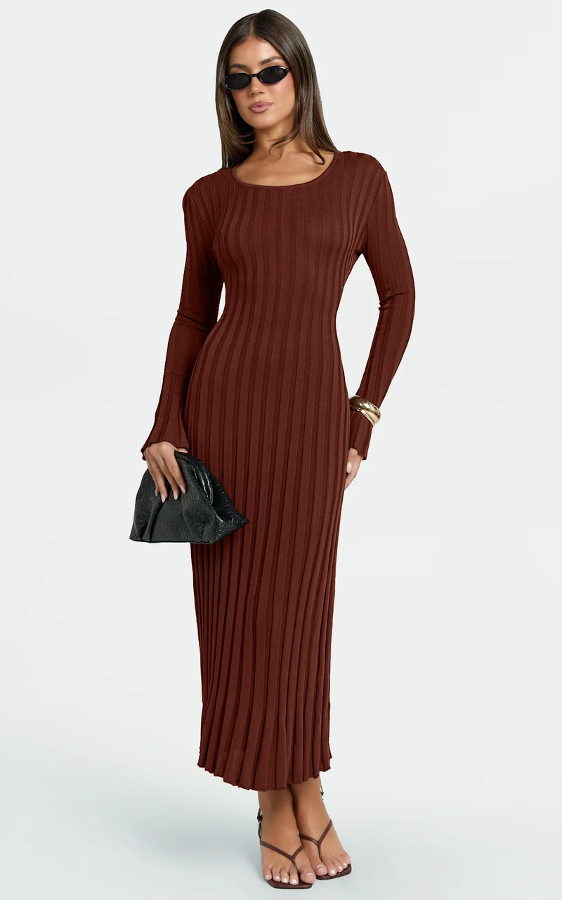 Blaire Midi Dress - Long Sleeve Tie Back Flare Dress in Chocolate
