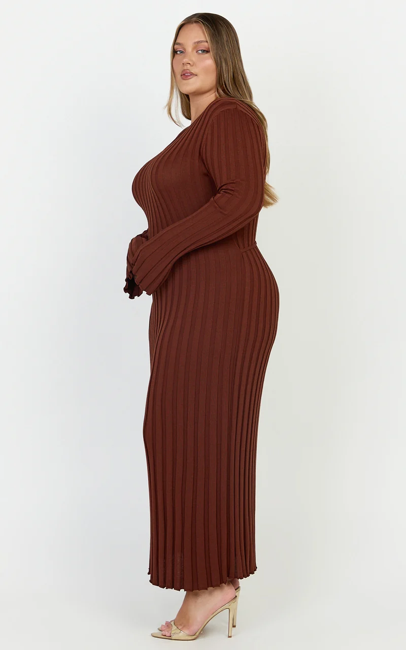 Blaire Midi Dress - Long Sleeve Tie Back Flare Dress in Chocolate