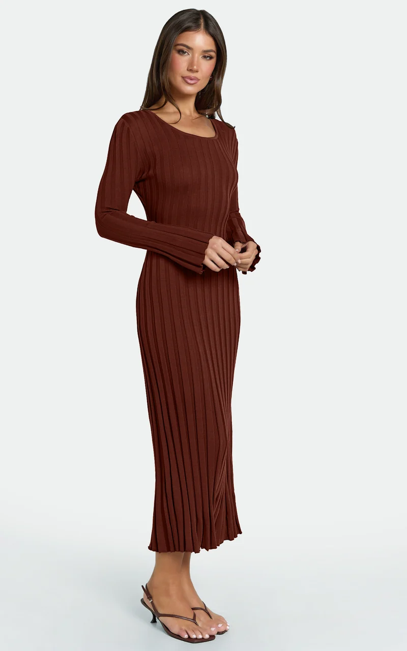 Blaire Midi Dress - Long Sleeve Tie Back Flare Dress in Chocolate